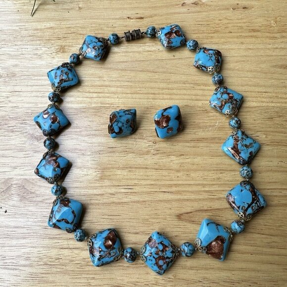 VTG‎ Venetian Turquoise Aventurine Murano Glass Bead Necklace + Earrings 18" - Picture 11 of 13
